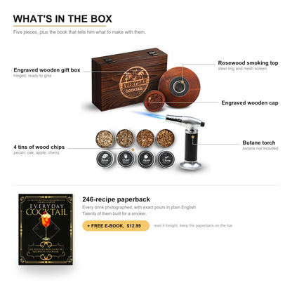 What is in the box: engraved wooden gift box, rosewood smoking top with mesh screen, engraved cap, butane torch, four tins of wood chips and the 246-recipe paperback